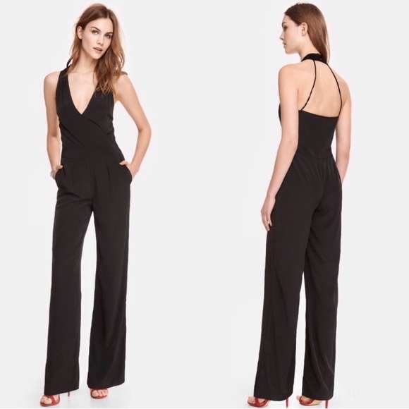 Express Pants - Express Wide Leg Surplice Halter Jumpsuit in Black